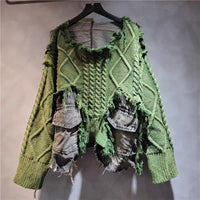 Personality Trendy Twist Weave Stitching Denim Round Neck Sweater