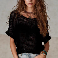 Womens Knitted Solid-Color Short-Sleeve Sweater