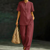 Womens Comfortable Linen Two-Piece Set Button-Up Shirt And Wide-Leg Pants