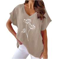 Womens Casual Cotton-Linen Short-Sleeve Batwing T-Shirt With Floral Print And V-Neck