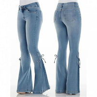 Mid Waist Lace Up Denim Trousers Stretch Jeans Women's Flared Pants