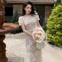 Womens Short-Sleeve Beige One-Piece Fishtail Maxi Dress