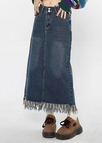 Plus Size Tassel Half-length Denim Women's Hong Kong Style Autumn High Waist Slimming A- Line Long Overknee Skirt