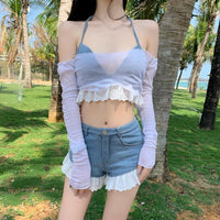 Short Sleeveless Vest Beautiful Back Top Jeans Cover Up Set