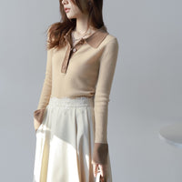 French Style Polo Collar Knitted Bottoming Shirt Long Sleeve Contrast Color Slim Fit Sweater