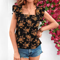 New European And American-style Printed Ruffled Short-sleeve Shirt