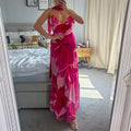 Womens Sexy Elegant Deep-V Print Slip Dress