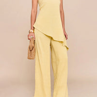 Womens Elegant Sexy Casual Loose Tube Top And Ice Silk Pleated Solid Color Straight Pants Set