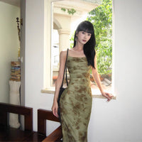 Chinese-style Green Mesh Floral Slip Dress For Women