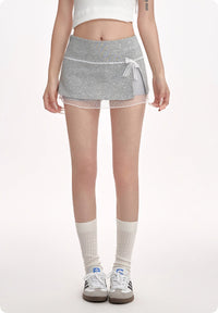 Gray Midi Skirt With Patchwork Lace Trim For Women, Summer