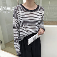 Narrow-striped Cozy Pullover Long-sleeve Knit Sweater For Women Loose-fit Round-neck Versatile Top