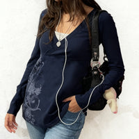 Retro Floral-print Ribbed V-neck Slimming Casual Long-sleeve Top
