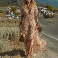 Retro Bohemian Rose Embroidered Linen Loose-Fit Long Dress