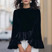Womens Solid-Color Long-Sleeve Crew-Neck Ruffle-Trim Sweatshirt Top