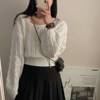 Cable-knit Sweater Lantern Sleeve Solid Color Square Collar Pullover Sweater