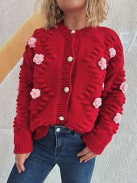 Cute Three-dimensional Flower Decorative Knitted Cardigan Round Neck Sweater