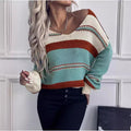 Women's V-neck Casual Loose Contrast Color Striped Pullover