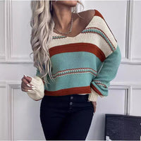 Women's V-neck Casual Loose Contrast Color Striped Pullover