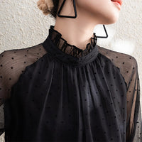 Womens Long-Sleeve Chiffon Blouse With Polka Dots