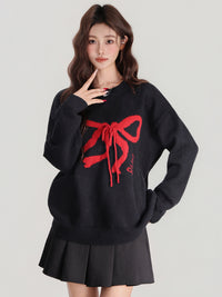 Women's Contrast Bow Round Neck Knitted Thick Long Sleeve Sweater