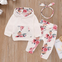 Cotton Floral Print Hooded Long Sleeve Sweater Pants Three Piece Set
