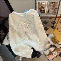 Heavy-duty Sequin Loose And Laid-back Thin Sweater With Patchwork Long Sleeves