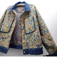 Retro Jacquard Stitching Long Sleeve Denim Coat Women's Clothing