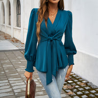 Autumn And Winter Temperament Leisure V-neck Solid Color Long-sleeved Top