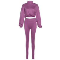 Drawstring Waist Zippered Midriff Baring Top Paired With High Waisted Solid Color Slim Fit Pants