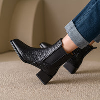 Retro Woven Square-toe Chunky-heel Womens Full-grain Leather  Boots With Elastic Side Panels