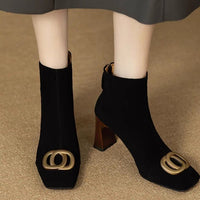 Retro Matte Leather High-Heel Short Boots With Metal Buckle And Side Zipper