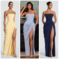 Tube Top Pleated Slit Dress