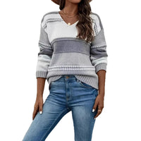 Loose V-neck Color-block Striped Sweater