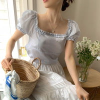Wood Ear Mushroom-patterned Ruffled-trim Square-neck Puffed-sleeve Shirt