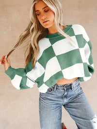 Contrast Color Checkerboard Loose And Lazy Style Stitching Sweater