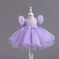 Sequined Puff Sleeve Lace Mesh Bubble Skirt Dance Performance Dress