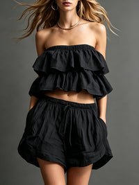 Womens Cotton-Linen Ruffle-Trimmed Strapless Shorts Set