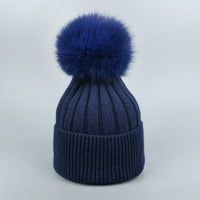 Fox Fur Warm Winter Hat With Ball For Women Child Girl Wool Thick Knitted