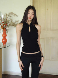 Stand Collar Retro Buckle Black Knitted Vest Women's Short Sleeveless Top