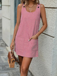 Striped Summer Crew-Neck Buttoned Suspender Pocket Casual Dress