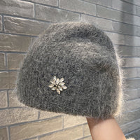 Women's Rabbit Hair Knitted Hat Thickened Warm Rhinestone Flowers