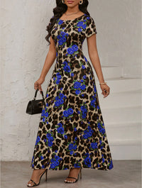 Leopard-Print Rose Floral Fashionable Elegant Waist-Cinching Slimming Dress