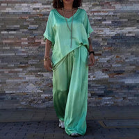 Women's V-Neck Short Sleeve Pullover Top And Matching Long Pants Casual Cotton Blend Multicolor Outfit