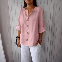 Loose-fit Women's V-neck Cotton-Linen Button T-shirt Top