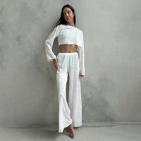 Women's Knitted Crew-Neck Pajama Set With Long Sleeves And Long Pants Two Pieces