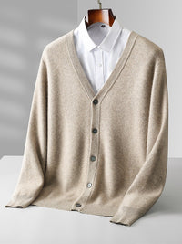 Pure Wool Cardigan Men's V-neck Solid Color Long Sleeve