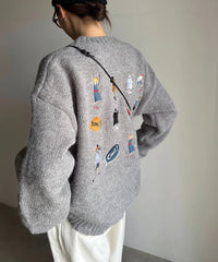 Gray Sweater Women's Loose Cartoon Embroidery Knitted Top