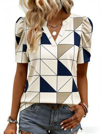 New Printed V-neck Puffed Short-sleeve Casual Fashion Top