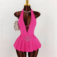 Deep-V Pleated Mini Dress For Women