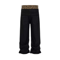 American-style Vintage Leopard-print Patchwork Faux Two-piece Jeans